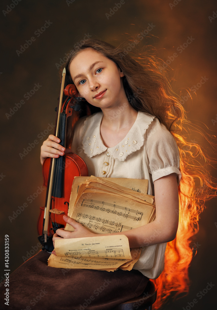 Portrait of a beautiful girl with developing long hair and a violin on a dark background in the studio. Music and art