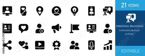 A clean and modern solid black icon set representing personal branding, influencer marketing, and social media identity. Perfect for web, mobile, presentations, and creative content