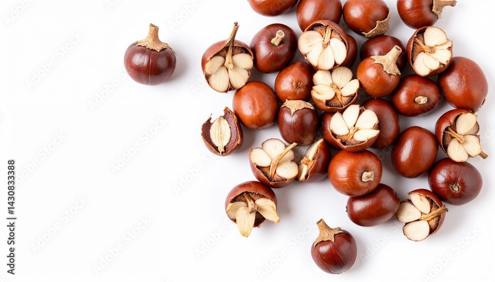 Obraz premium Peeled and whole roasted chestnuts scattered on white background, isolated food composition perfect for seasonal snack concepts and culinary presentations