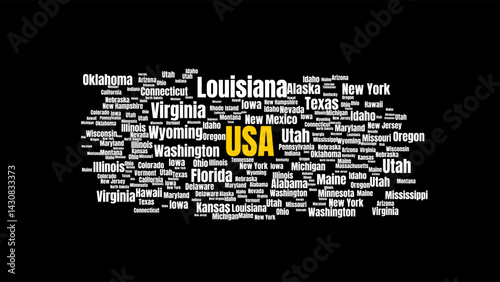 Word cloud of the USA state names, showcasing geography and typography.