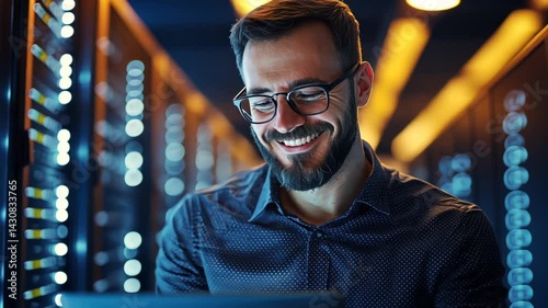 Expert IT technician managing a cloud server farm in a data center environment.