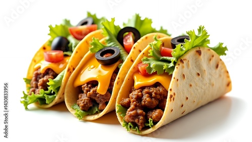 Stuffed cheesy crust tacos served hot and crispy isolated on white background for tasty meal
