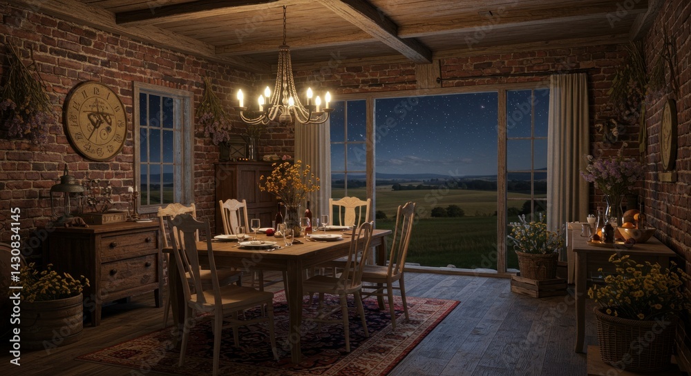 Fototapeta premium Rustic Dining Room at Night with Countryside View