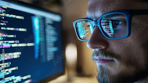 A software engineer codes in a contemporary office, utilizing advanced AI technology.