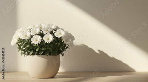 Ceramic pot with white flowers centered on a light work desk in front of a blank wall