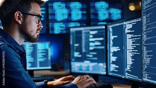 Software developer working together in a futuristic control room setting.