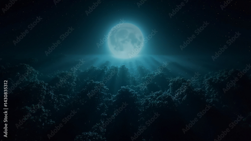 A surreal nighttime scene featuring a glowing full moon above a sea of clouds, emitting radiant beams of light A surreal nighttime scene featuring a glowing full moon above a sea of clouds, emitting radiant beams of light