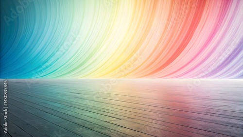 Colorful abstract gradient background with wooden floor reflection, smooth curved lines in blue, green, yellow, orange, and pink