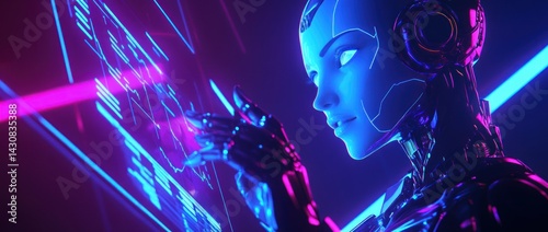 Cybernetic Woman Interacting with Futuristic Interface: Neon Lights, Digital Data, and Technological Advancement