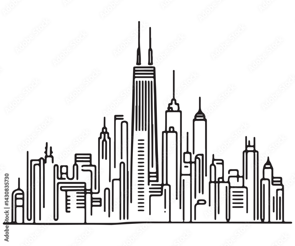 Cityscape Silhouette Continuous Line Art Drawing for Urban Design Cityscape Silhouette Continuous Line Art Drawing for Urban Design
