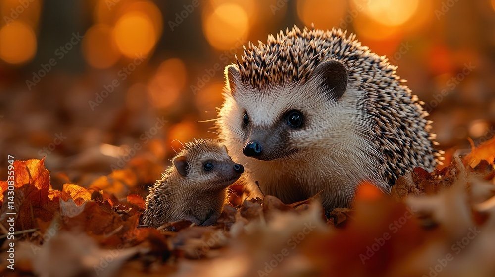 Fototapeta premium Hedgehog mother and baby in autumn leaves