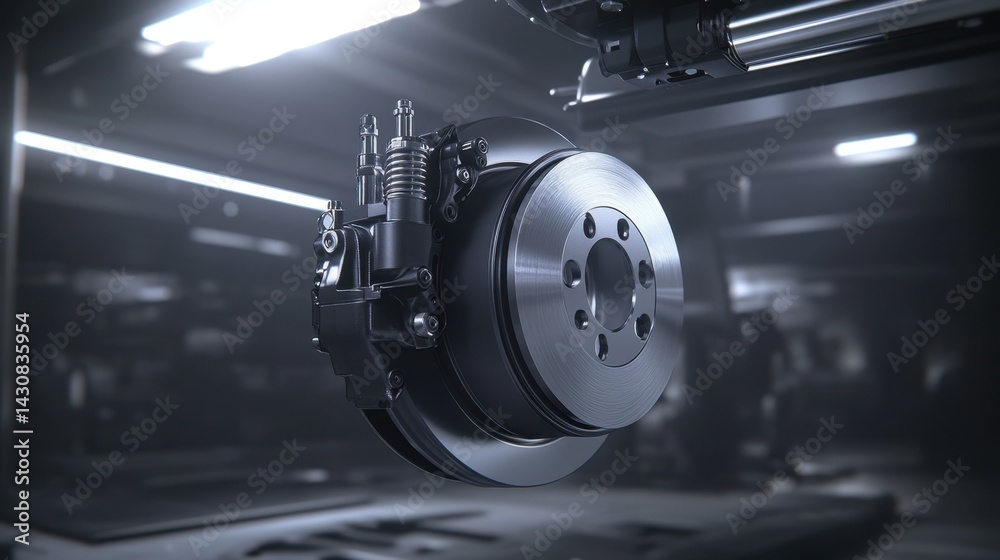 Fototapeta premium Detailed view of the caliper gripping the brake disc on a clean suspension assembly