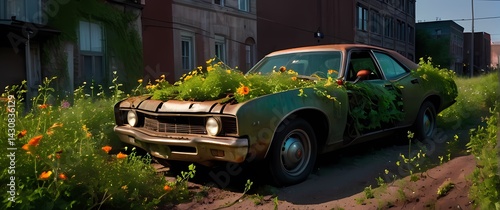 Urban landscape swallowed by green vines rusted car chassis entangled with bright hued blooming wildflowers