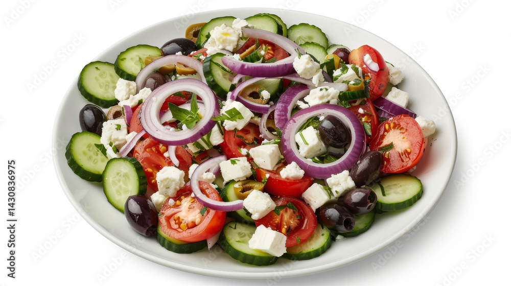 Top-down view of Horiatiki Salata in a white bowl, showcasing vibrant layers of vegetables and feta. Top-down view of Horiatiki Salata in a white bowl, showcasing vibrant layers of vegetables and feta.