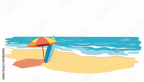 Colorful beach scene with surfboard and umbrella, summer relaxation