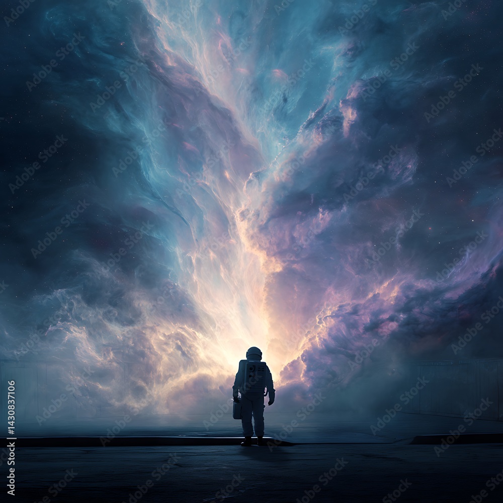 Fototapeta premium Astronaut Gazing At A Vibrant Nebula In The Expansive Night Sky