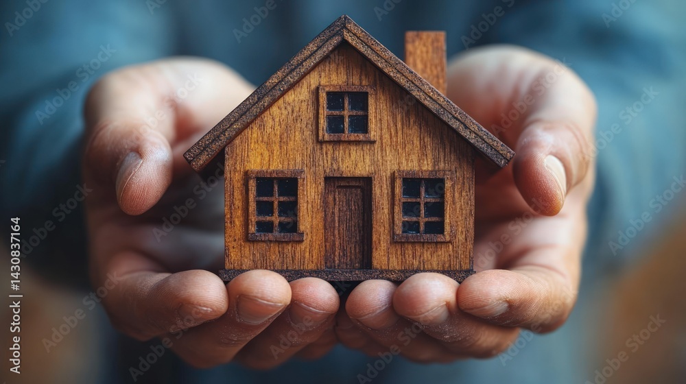 Safeguarding Dreams Hands Holding a Tiny Wooden Home Safeguarding Dreams Hands Holding a Tiny Wooden Home