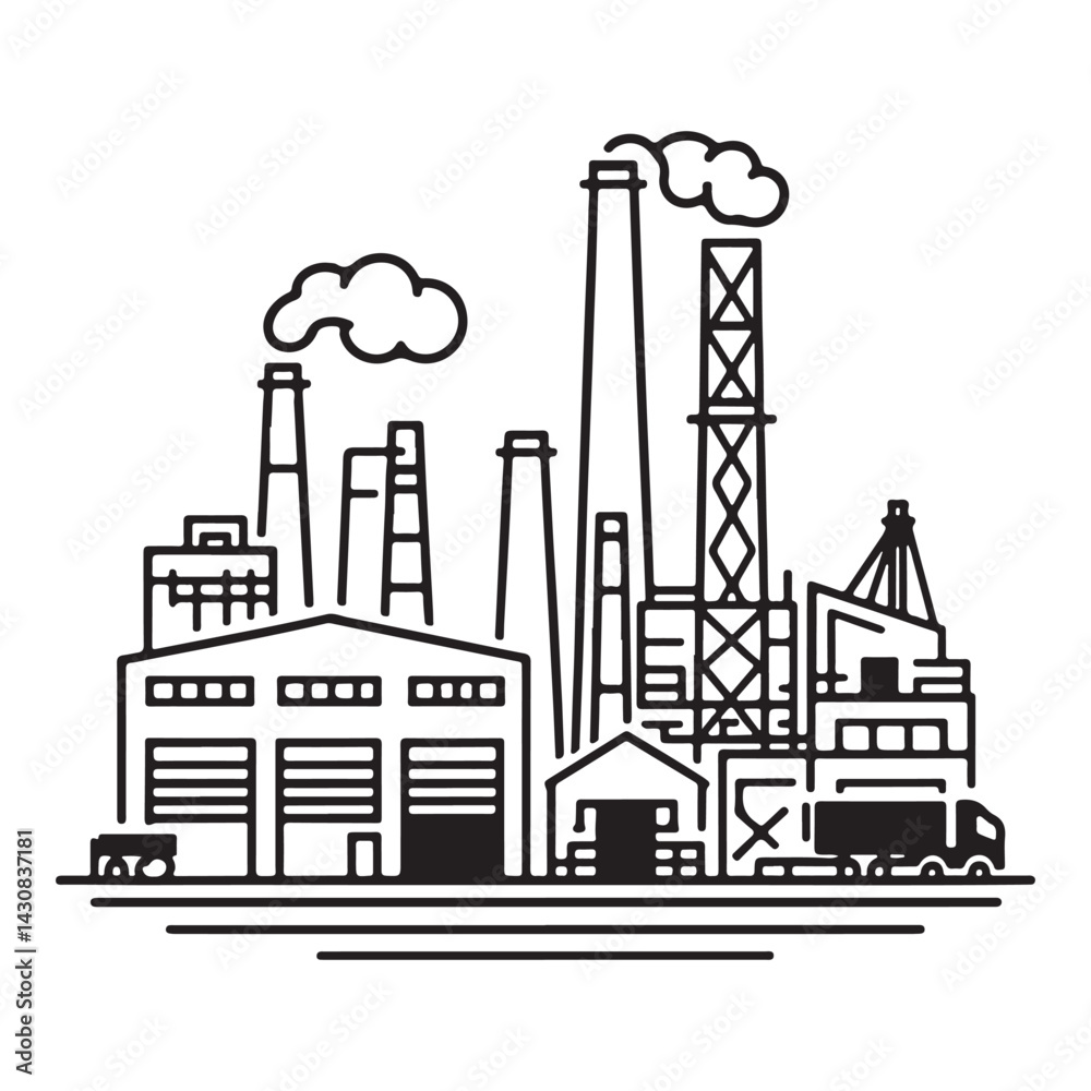 Fototapeta premium Industrial silhouette vector illustration factory graphic design complex construction