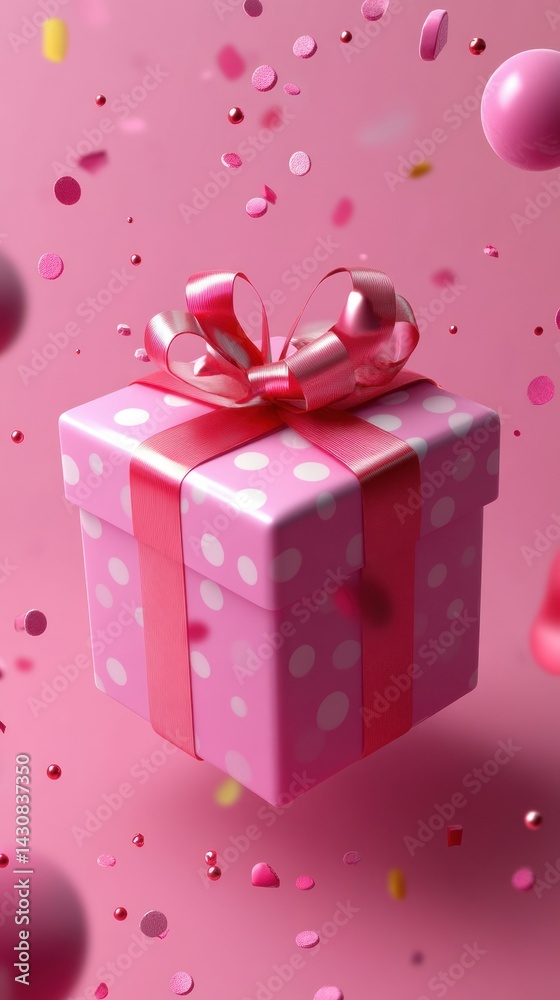 Fototapeta premium Pink gift box with red ribbon and confetti