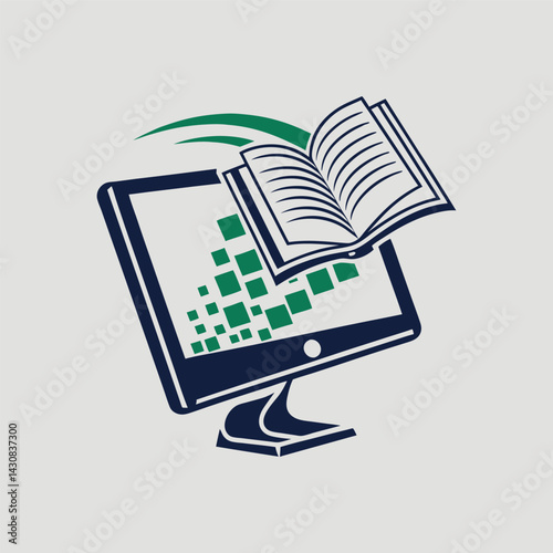 Digital Education Concept with E-Learning Icon – Computer Monitor, Book, and Graduation Cap.