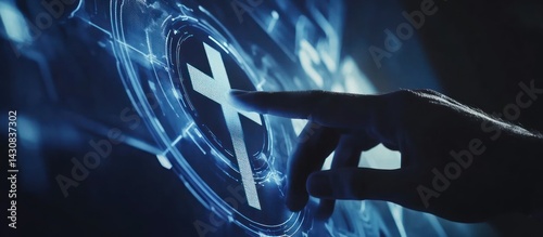 Digital Faith: A Hand Interacts with a Futuristic Cross Interface