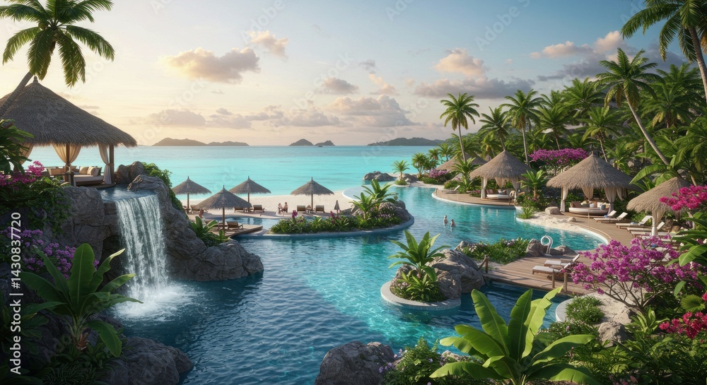 Fototapeta premium Tranquil Tropical Resort Pool and Beach at Sunset