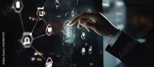 Interactive Futuristic Technology Interface: A Hand Interacts with a Holographic Display Showing Network Connections and Data Flow