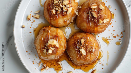 Top-down view of Loukoumades on a white plate, drizzled with honey, and topped with nuts and cinnamon, highlighting the texture and rich appearance