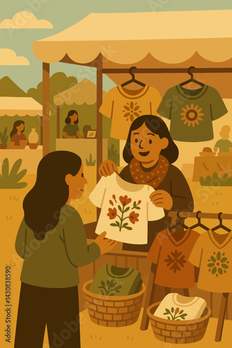 Woman Buying Printed T-shirt at Outdoor Market Vendor Illustration