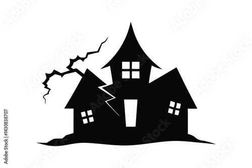Silouette art illustration of a crooked haunted house with lightning bolt.eps