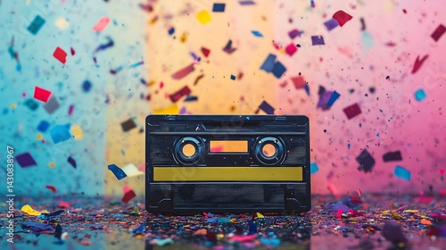 Melting cassette tape surrounded by colorful flowing paint splashes image