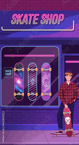 Man Standing with Skateboard in Front of Skateboard Shop Window