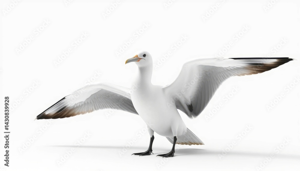 Fototapeta premium White Seagull with Spread Wings on White Background