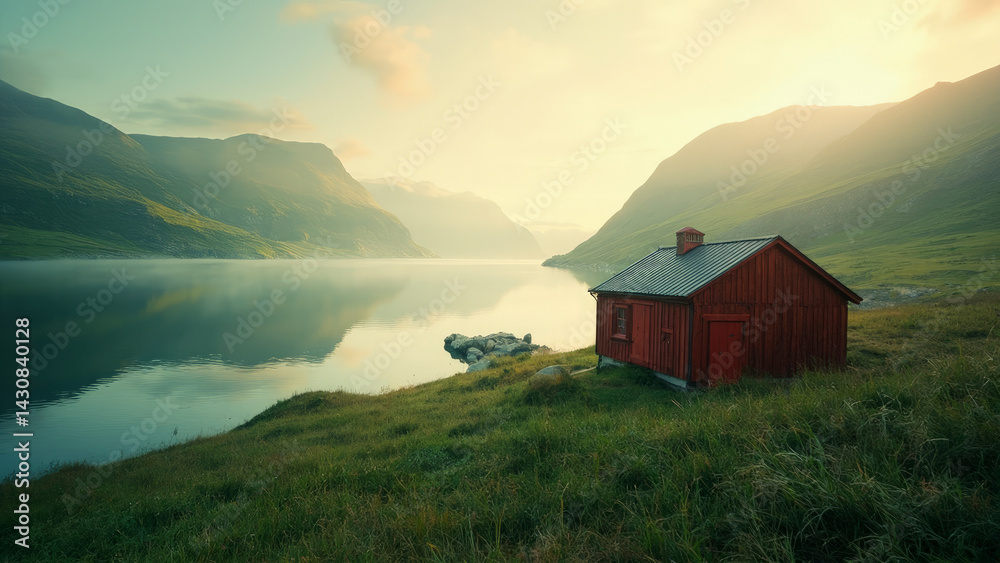 A solitary red cabin sits serenely by a calm lake, with mountains in the distance, under a soft, diffused light A solitary red cabin sits serenely by a calm lake, with mountains in the distance, under a soft, diffused light