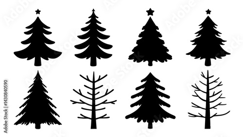 set of christmas tree silhouette vector on white background