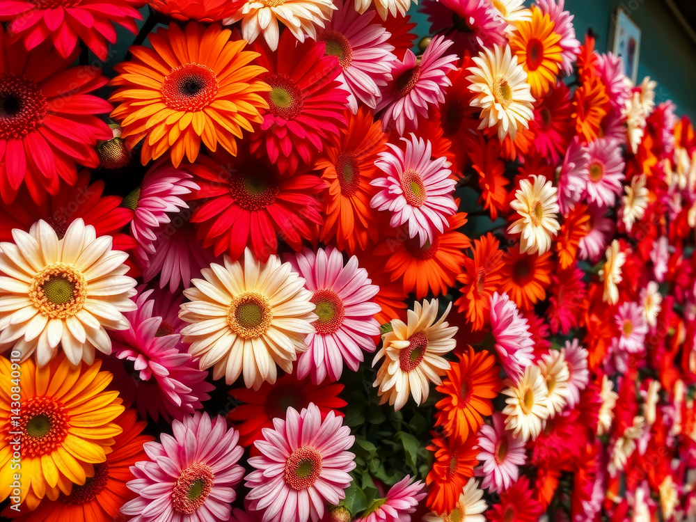 A wall of flowers with a variety of colors including pink, orange, and white. The flowers are arranged in a way that creates a sense of harmony and balance. Scene is one of beauty and tranquility