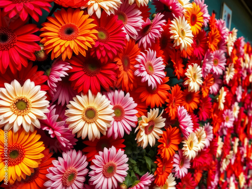 Obraz na płótnie A wall of flowers with a variety of colors including pink, orange, and white. The flowers are arranged in a way that creates a sense of harmony and balance. Scene is one of beauty and tranquility w salonie