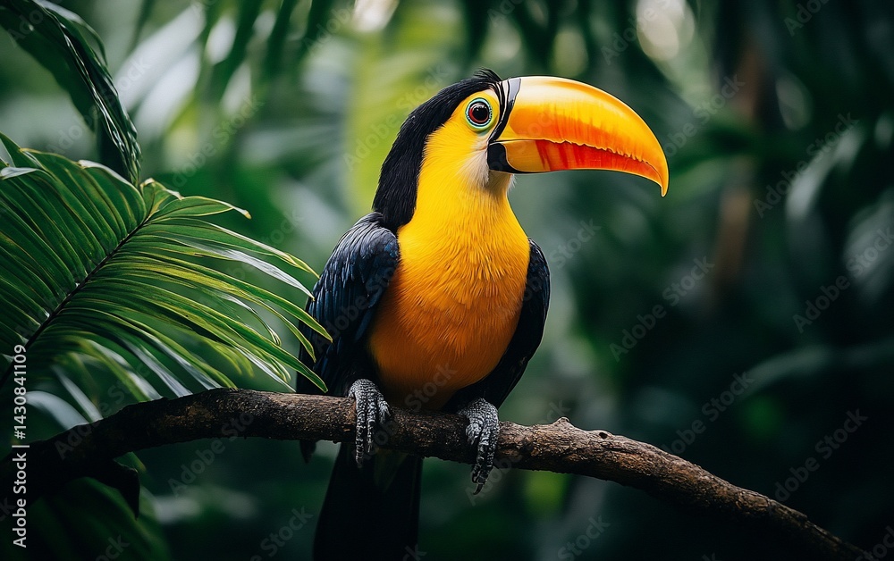 Naklejka premium A colorful toucan perched on a branch, surrounded by lush green foliage in a natural habitat