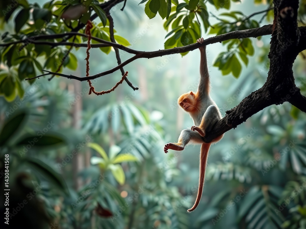A monkey is hanging from a tree branch. The monkey is sitting on the branch and looking down
