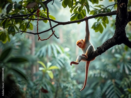 Obraz na płótnie A monkey is hanging from a tree branch. The monkey is sitting on the branch and looking down w salonie