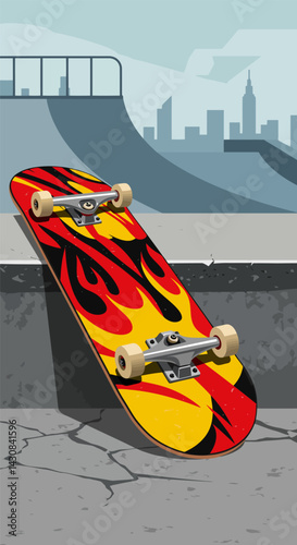 Vibrant Skateboard Resting Against Concrete Ramp with Cityscape Backdrop