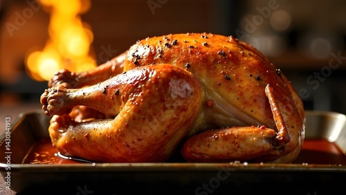 Homemade, delicious baked turkey on the background of fire