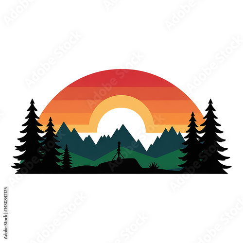 Black silhouette of mountains and fir trees camping adventure wildlife landscape panorama illustration icon vector for logo, isolated on white background.