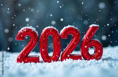 Red numbers 2026 on snow background