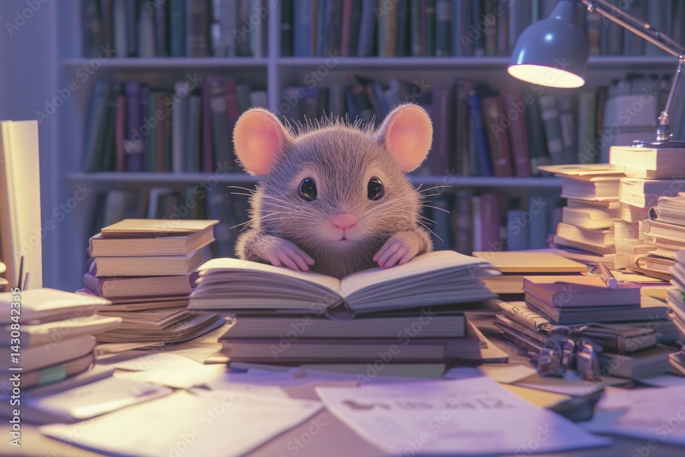Fototapeta premium A cute mouse engrossed in reading a book surrounded by a pile of books in a library.