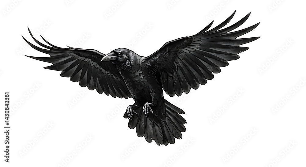 Obraz premium Dramatic black raven soaring with wings spread against a white background