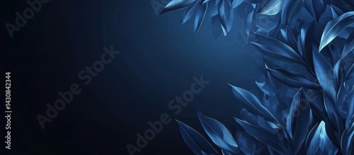 Serene Blue Botanical Frame:  A Dark Navy Blue Abstract Floral Backdrop with Lush, Textured Leaves