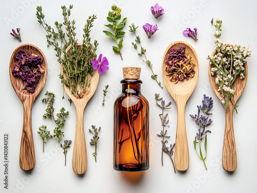 Wooden Spoons With Dried Medicinal Herbs And A Bottle