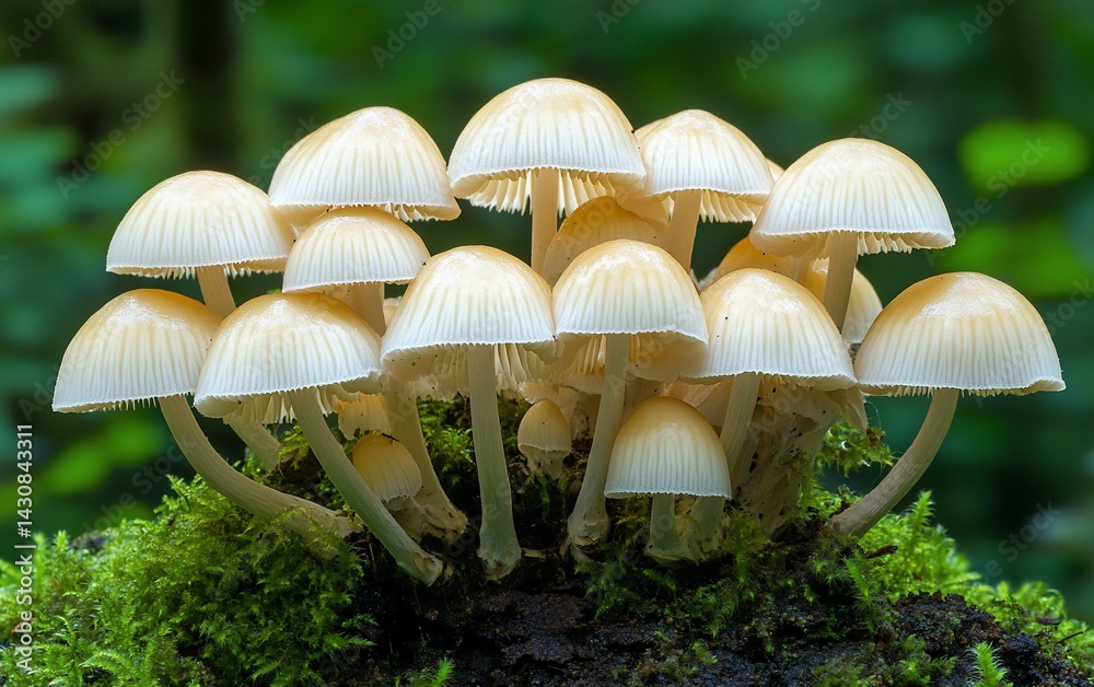 Fototapeta premium Cluster of small, creamy white mushrooms growing on a bed of vibrant green moss in a forest setting