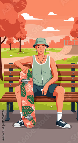 Skater Relaxing on Bench in Park with Tropical Skateboard
